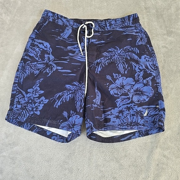 Nautica Swim Trunks Men Medium Blue  Hawaiian‎ Tropical Liner Floral Swimwear - Picture 1 of 8